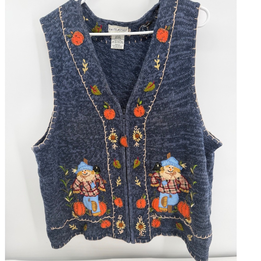 Vintage Sweater Vest Embellished Fall Scarecrow Pumpkin Zip Halloween Sz XL